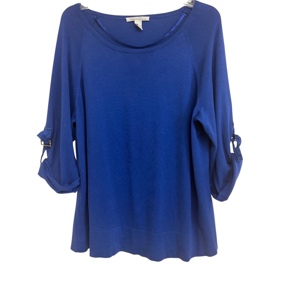 Kenneth Cole New York Royal Blue Silk Cotton Blend Buckle Sleeve Top 1X